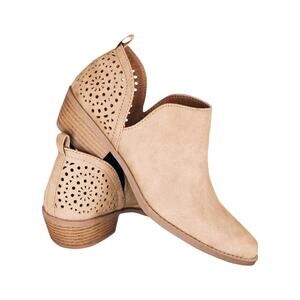 Khaki Ankle Boots Casual Cut Out Slip Short Chunky Stacked Heel Western Booties